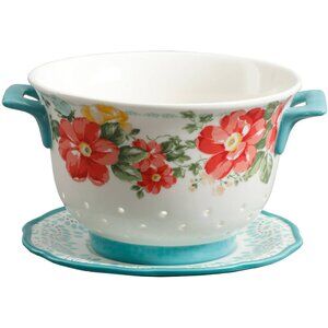 Pioneer Woman Flea Market Ceramic Berry Floral Colander W Drip Plate 8in New